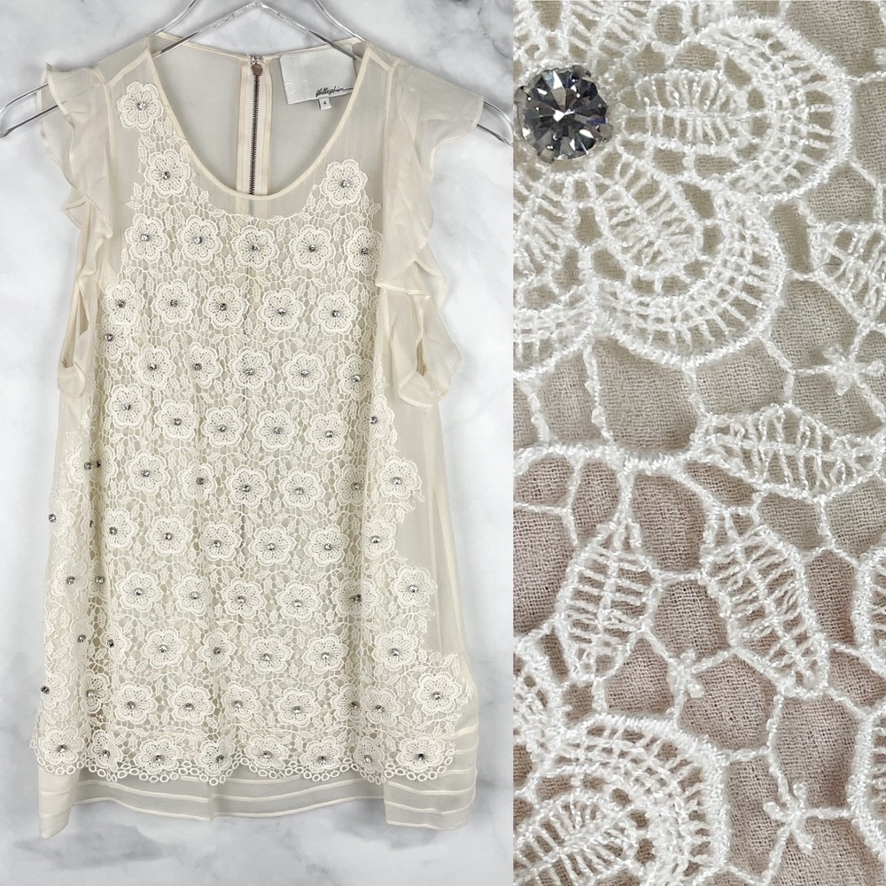 Phillip Lim 3.1 Silk Blend Jeweled Floral Crochet Blouse Top Cottagecore Dainty